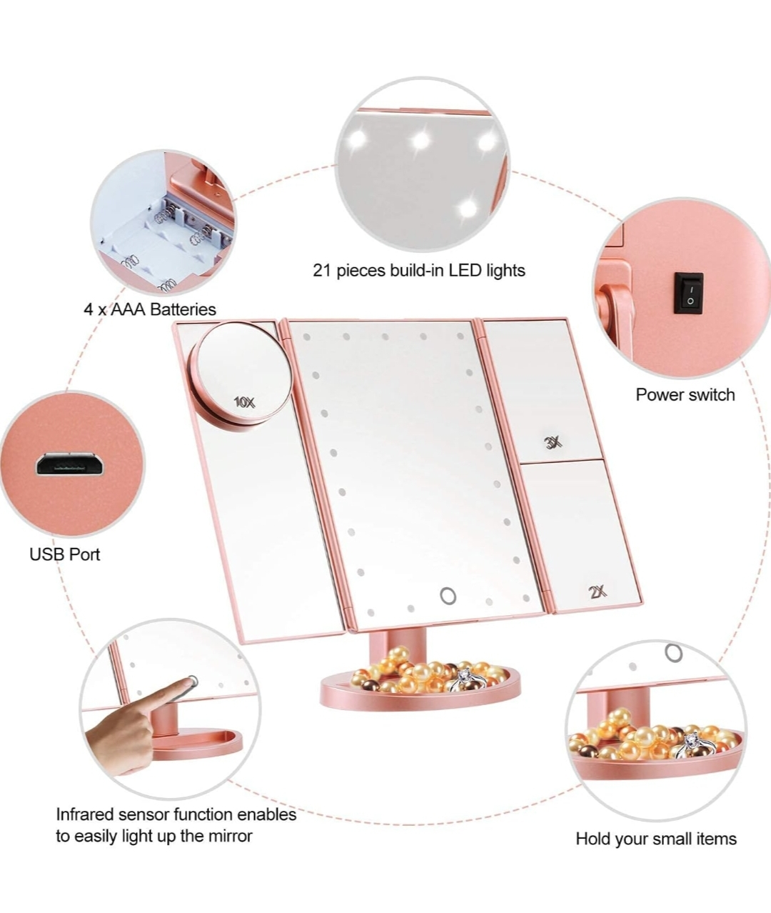 Magicfly LED Lighted Makeup Mirror Tri Fold image indicator(6)