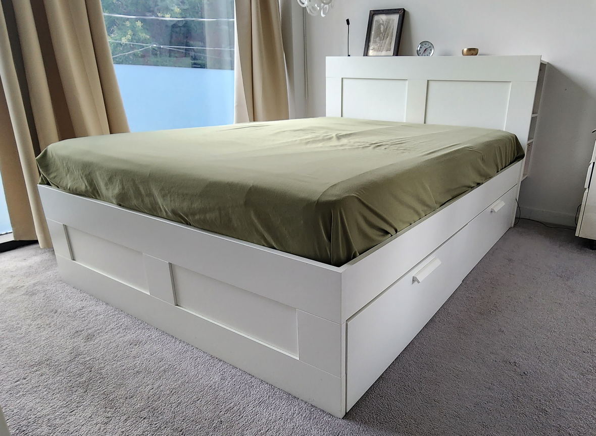 Ikea bed frame with storage & headboard, Queen