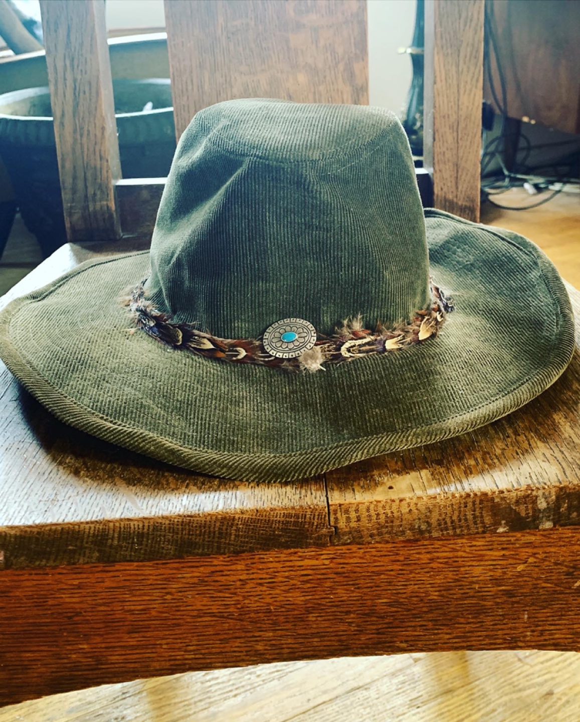 Awesome Vintage Corduroy Hat w/silver, turquoise & feathers image indicator(2)
