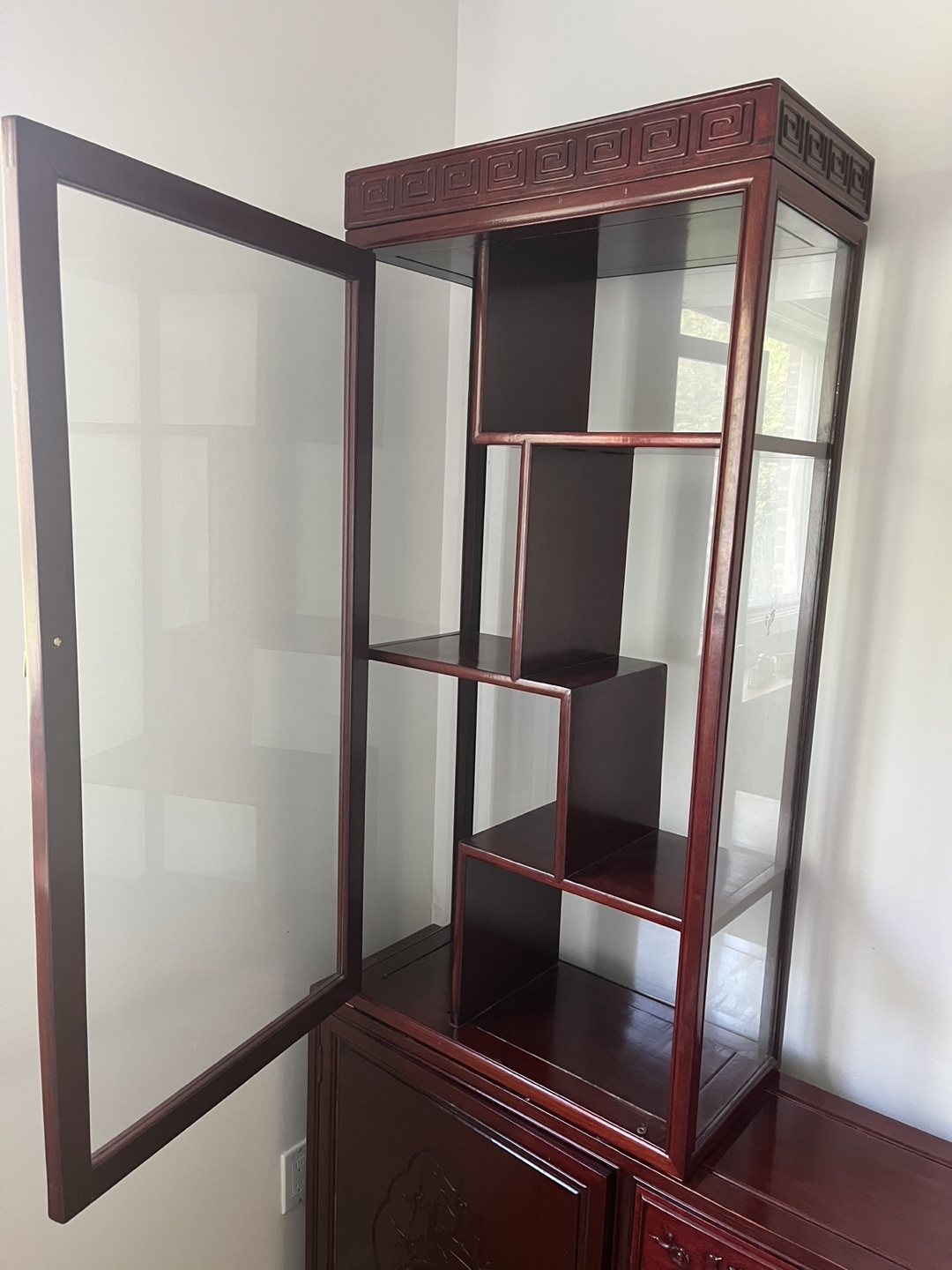 Red wood cabinet with glass display hutch - photo 2