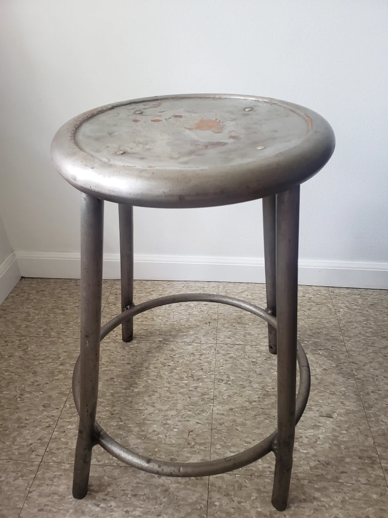 VINTAGE METAL SILVER SHOP STOOL -RETRO ROUND - - photo 4