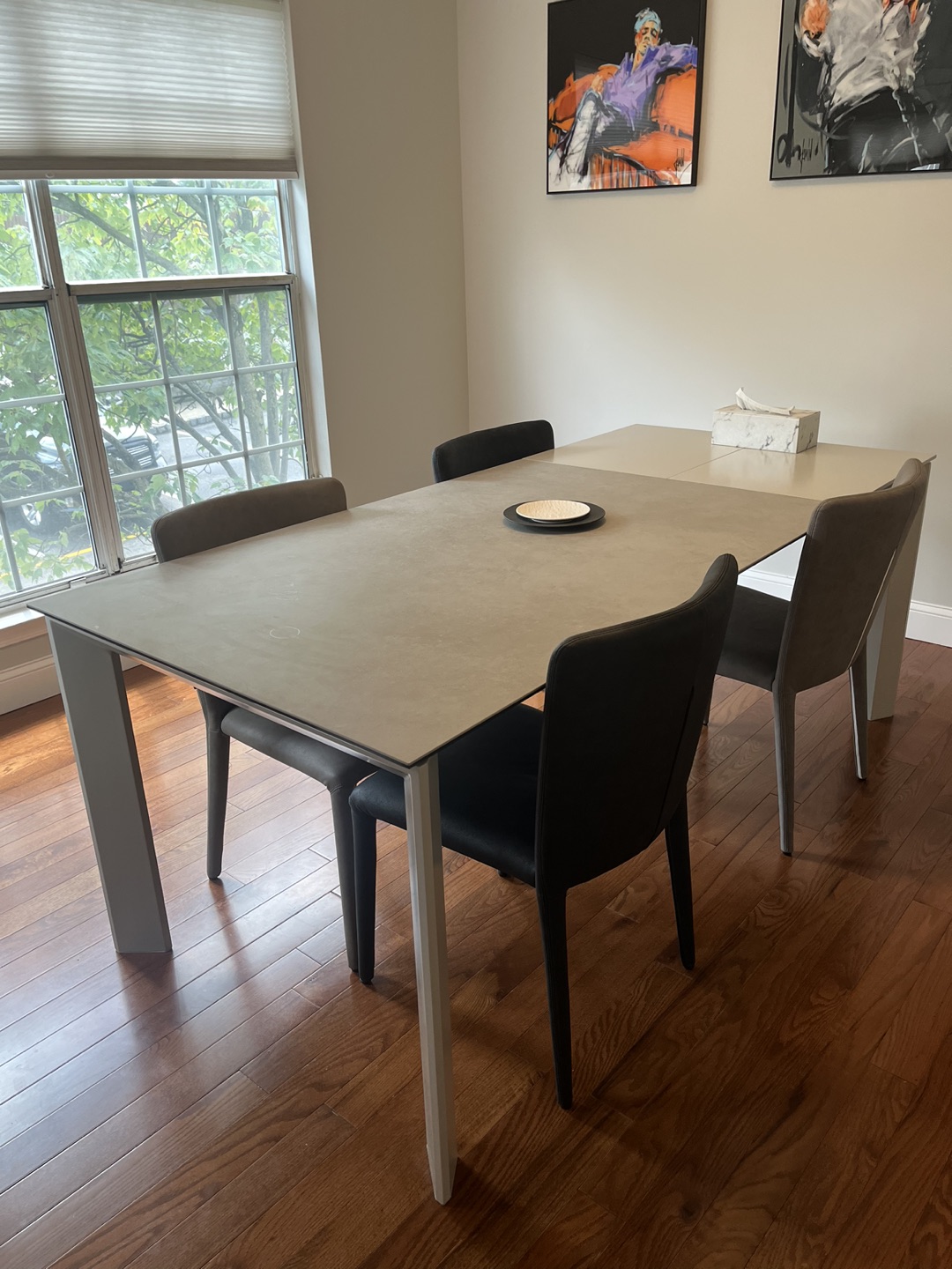 Light Gray Ceramic Dining Table with 4 Leather Chairs