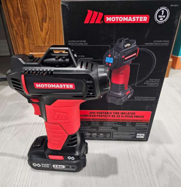 Motomaster 20v portable tire inflator. Retail price 159.99