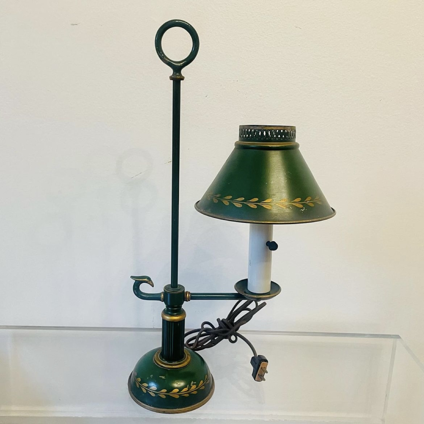 Vintage French Green Metal Tole Bouillotte Table Lamp