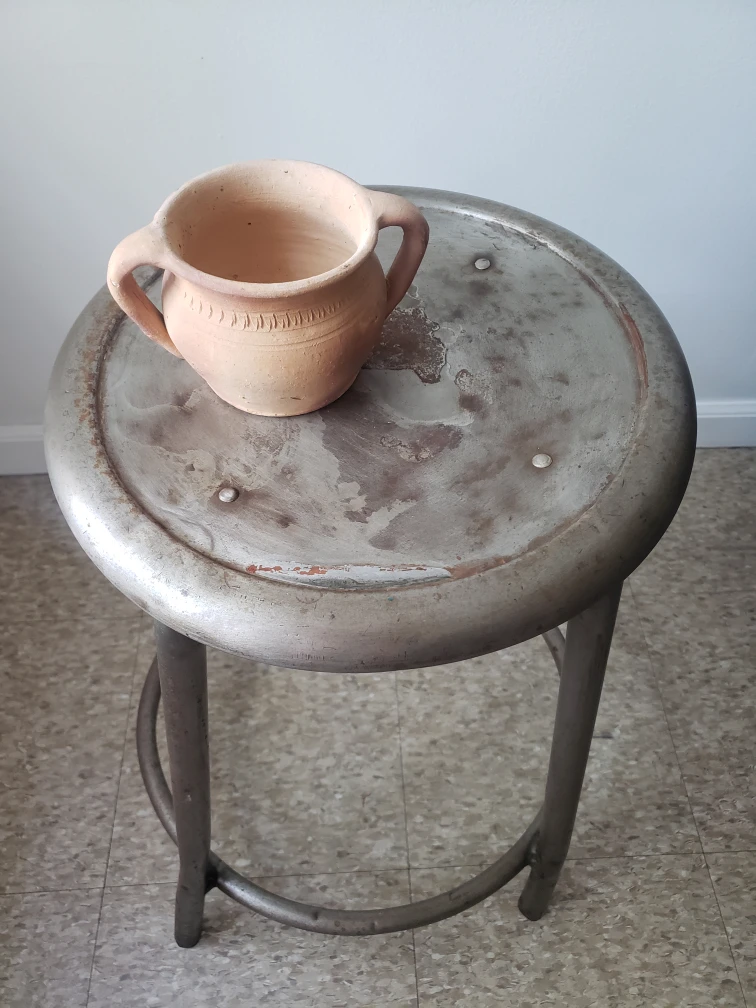 VINTAGE METAL SILVER SHOP STOOL -RETRO ROUND - - photo 3