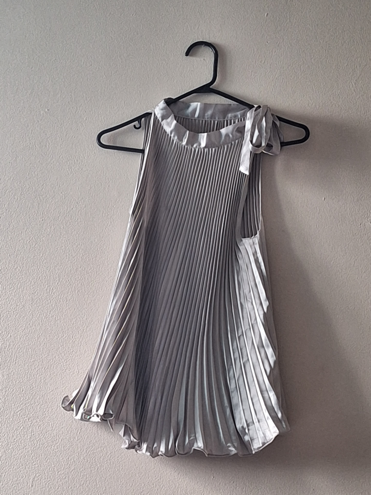 Silver pleated blouse with neck tie  thumbnail