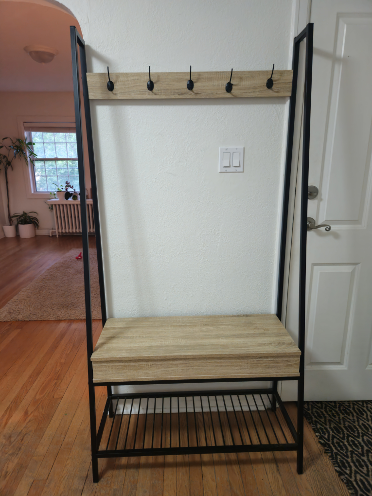 Front entry coat rack with storage bench and shoe rack thumbnail