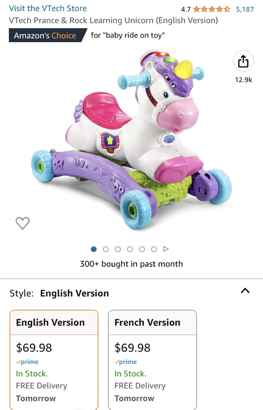 🦄 Toy VTech Prance & Rock Learning Unicorn -rocker ride along thumbnail