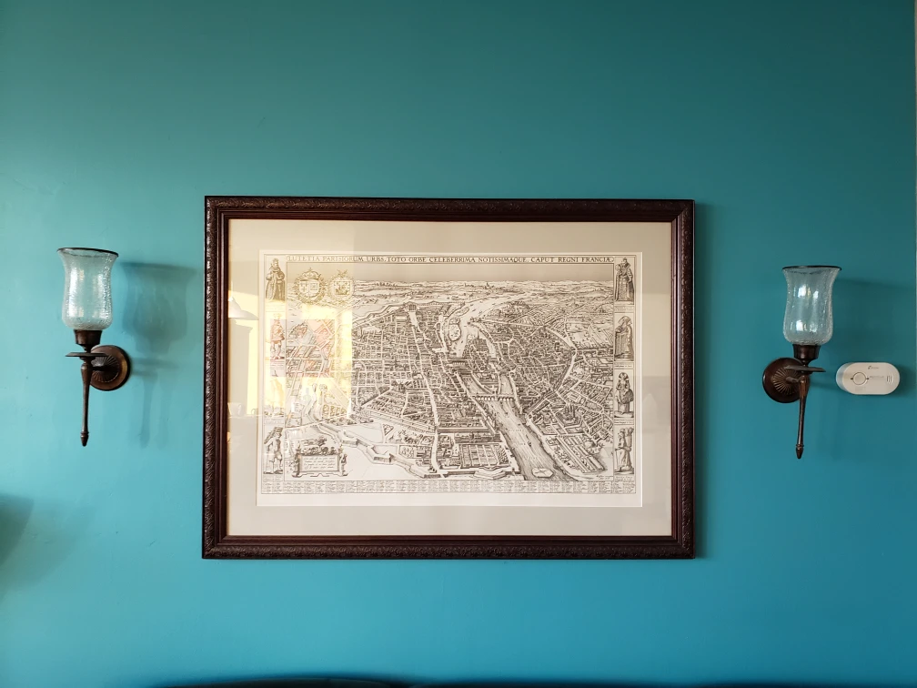 Framed 16th century repro map of Paris with two sconces thumbnail