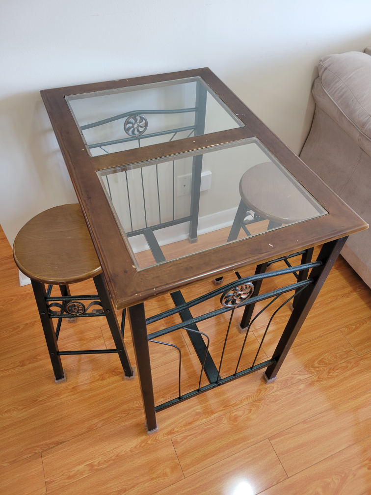 Glass and Iron Breakfast Bar or Patio Table with Bar Stools image indicator(2)