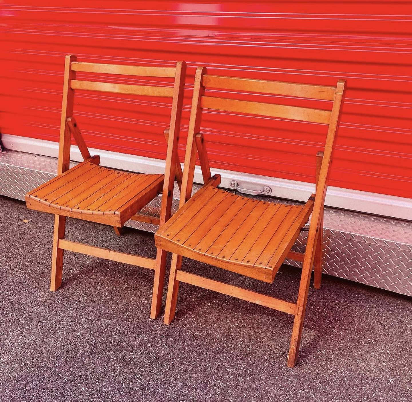 Mid-Century Modern Slatted Seat Wood Folding Chairs Set of 2