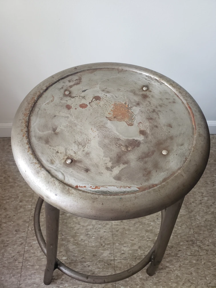 VINTAGE METAL SILVER SHOP STOOL -RETRO ROUND - - photo 2