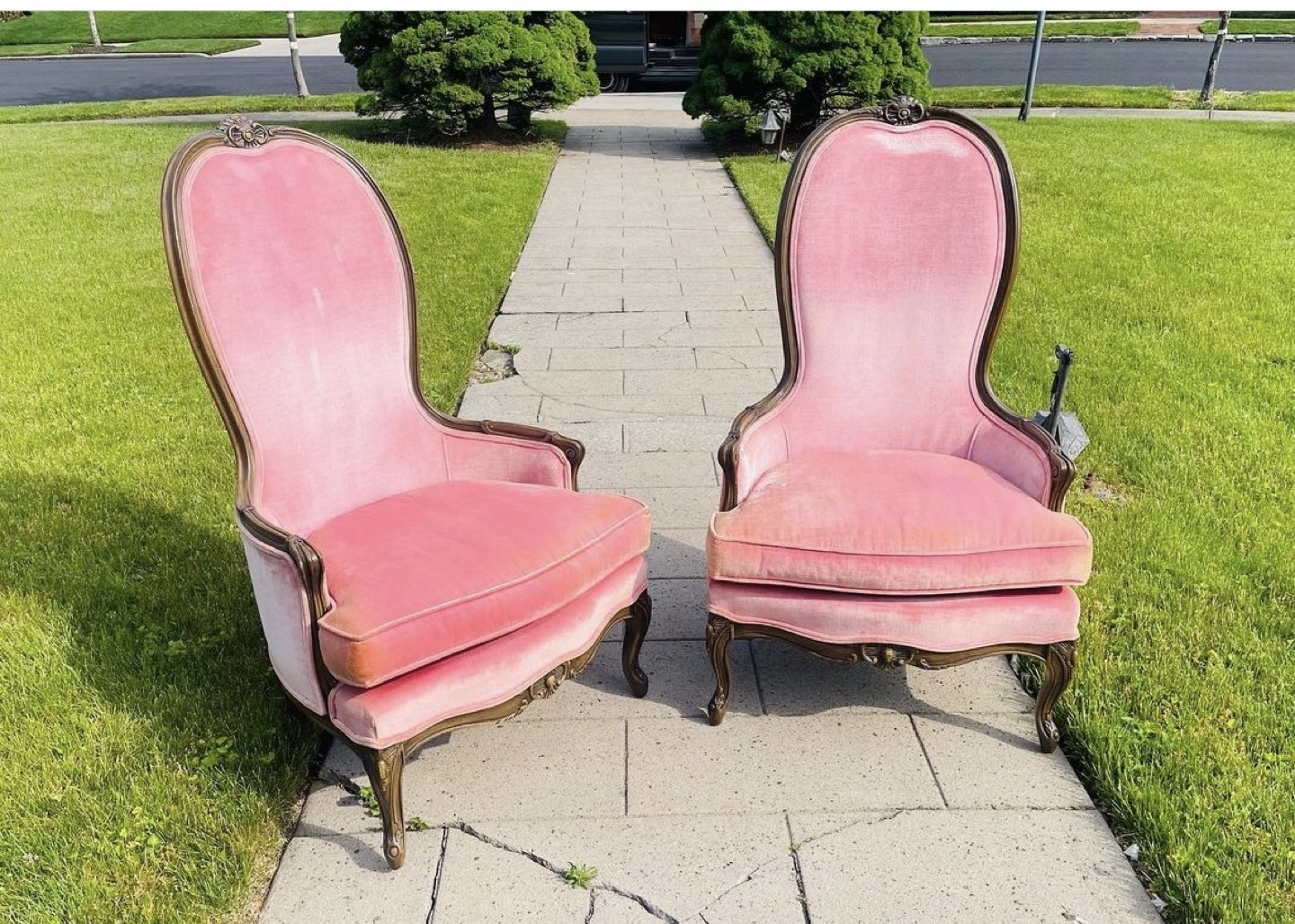 Pair of Vintage High Back Victorian Pink Armchairs
