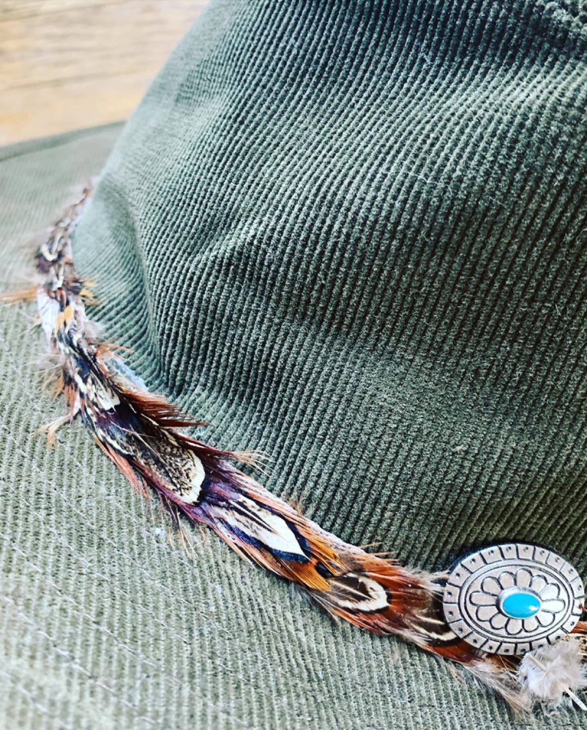 Awesome Vintage Corduroy Hat w/silver, turquoise & feathers image indicator(3)