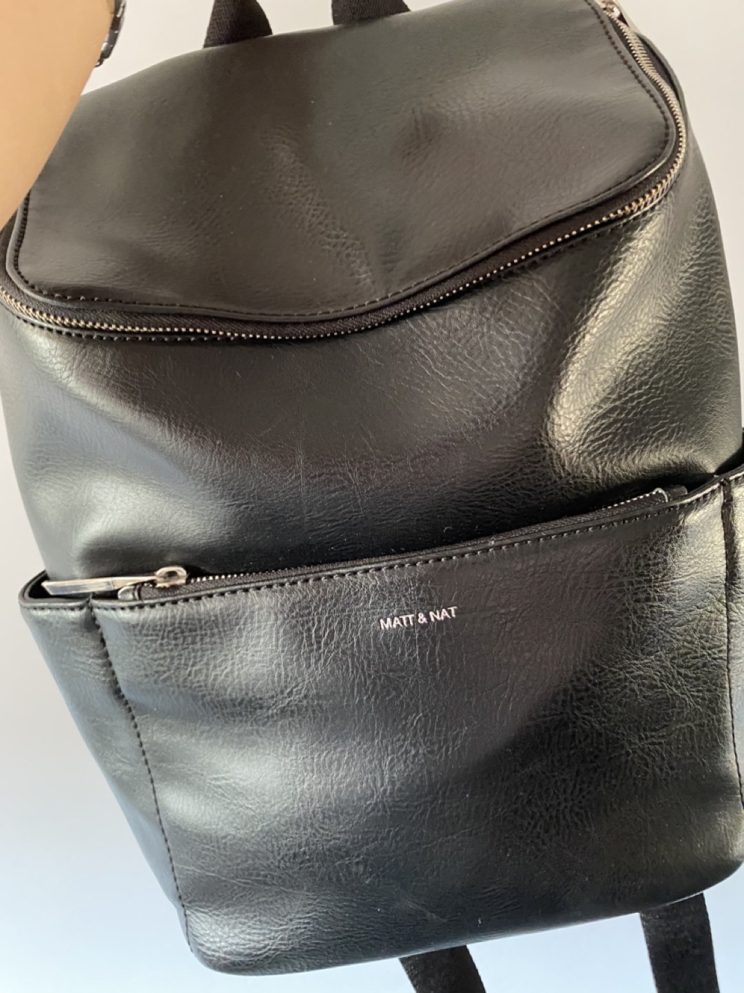 Matt & Nat Black Knapsack Bag Silver tone Zippers