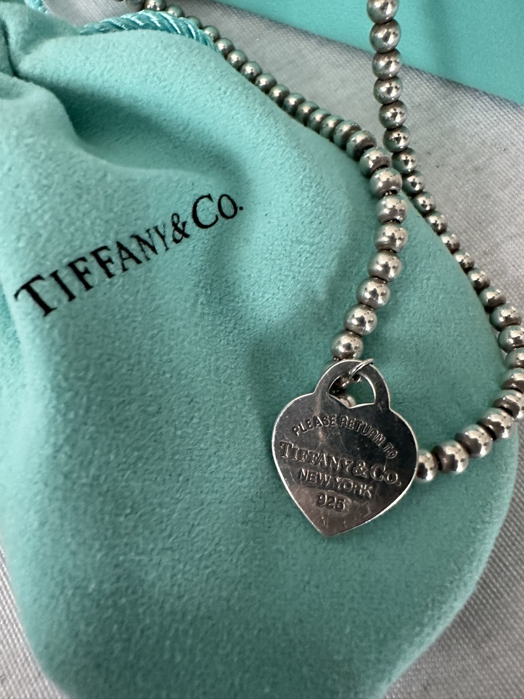 Tiffany’s Heart Tag Bead Necklace 16 inch