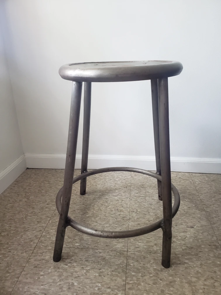 VINTAGE METAL SILVER SHOP STOOL -RETRO ROUND -