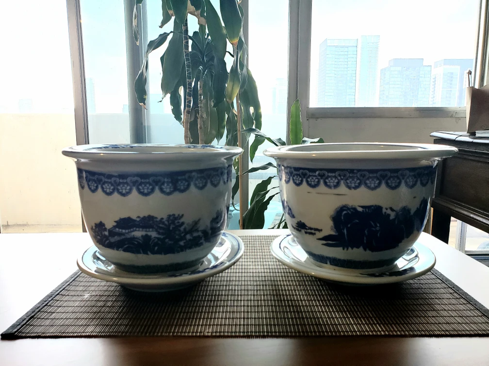 2 beautiful Chinese planters with plates