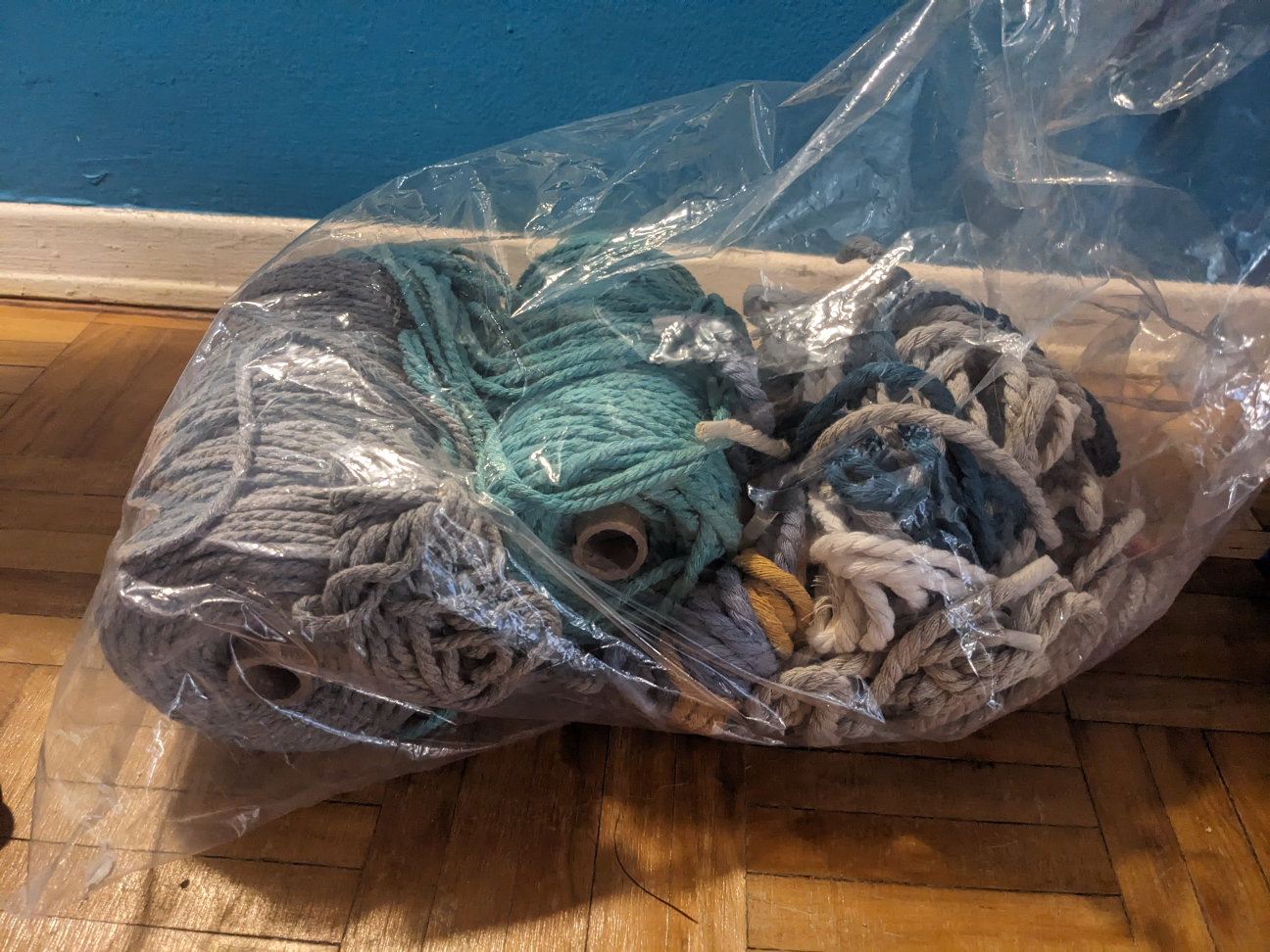 Beautiful cotton macrame rope and wood hoops - blue and grey  thumbnail