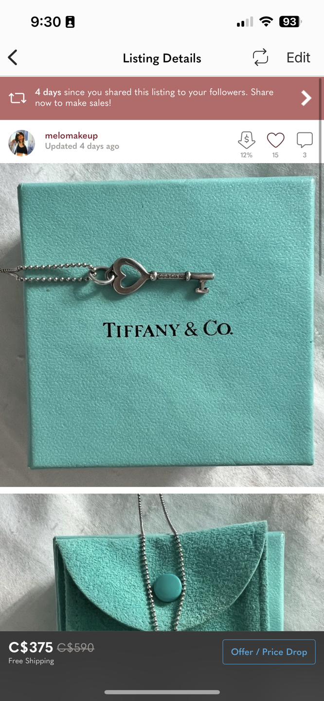 Rare Tiffany & co. Heart key necklace with beaded chain