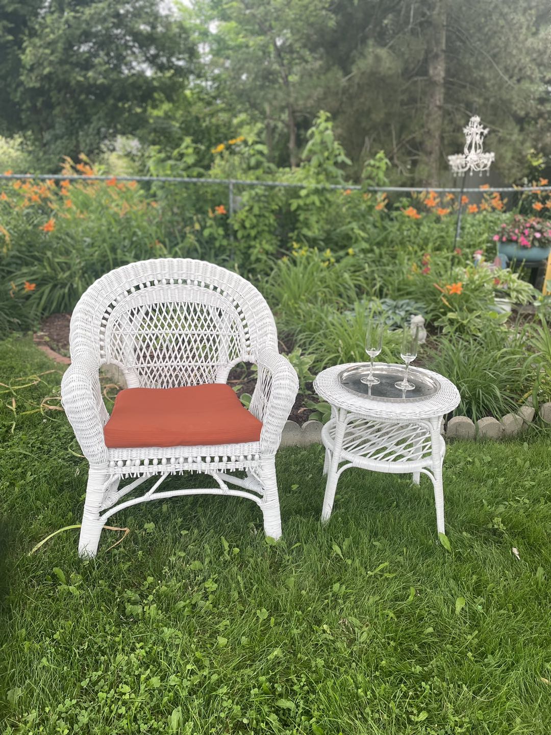 Wicker rattan white chair and vintage side table thumbnail