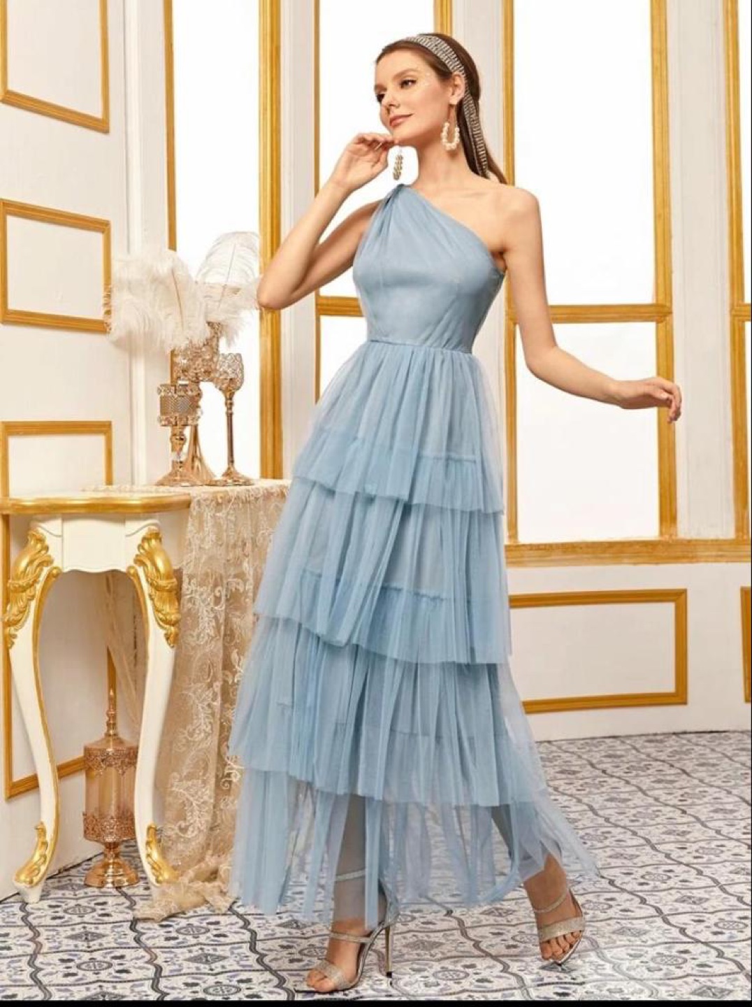 One shoulder layered ruffle overlay dress thumbnail