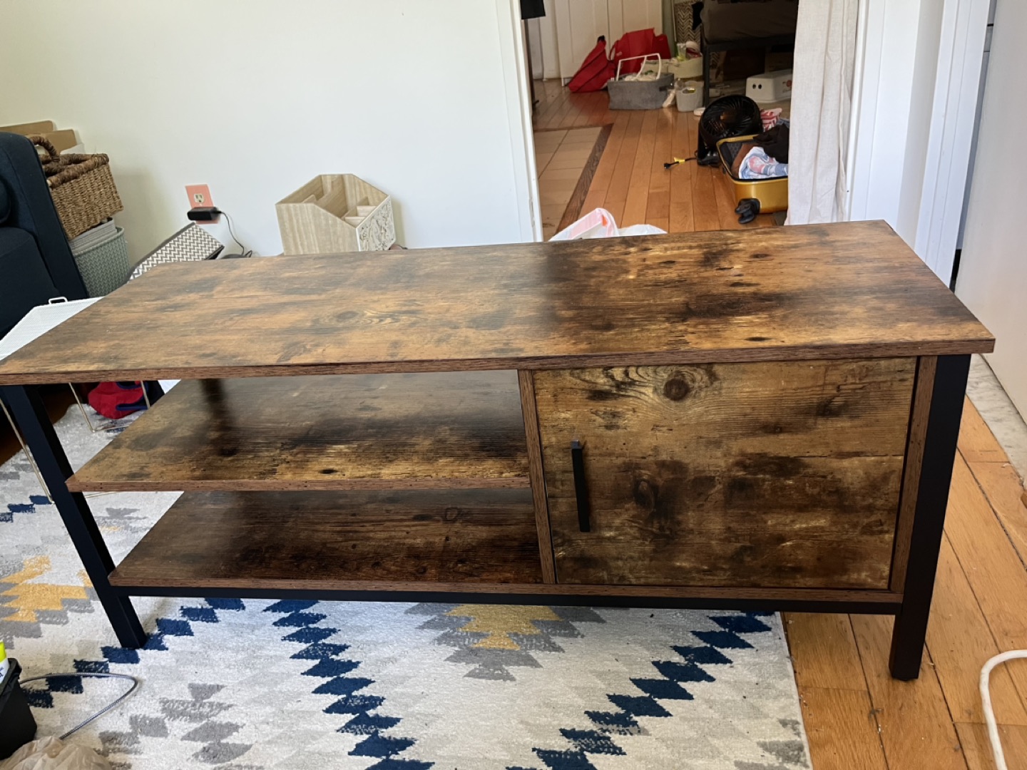 Rustic brown coffee table TV stand with door and storage shelves thumbnail
