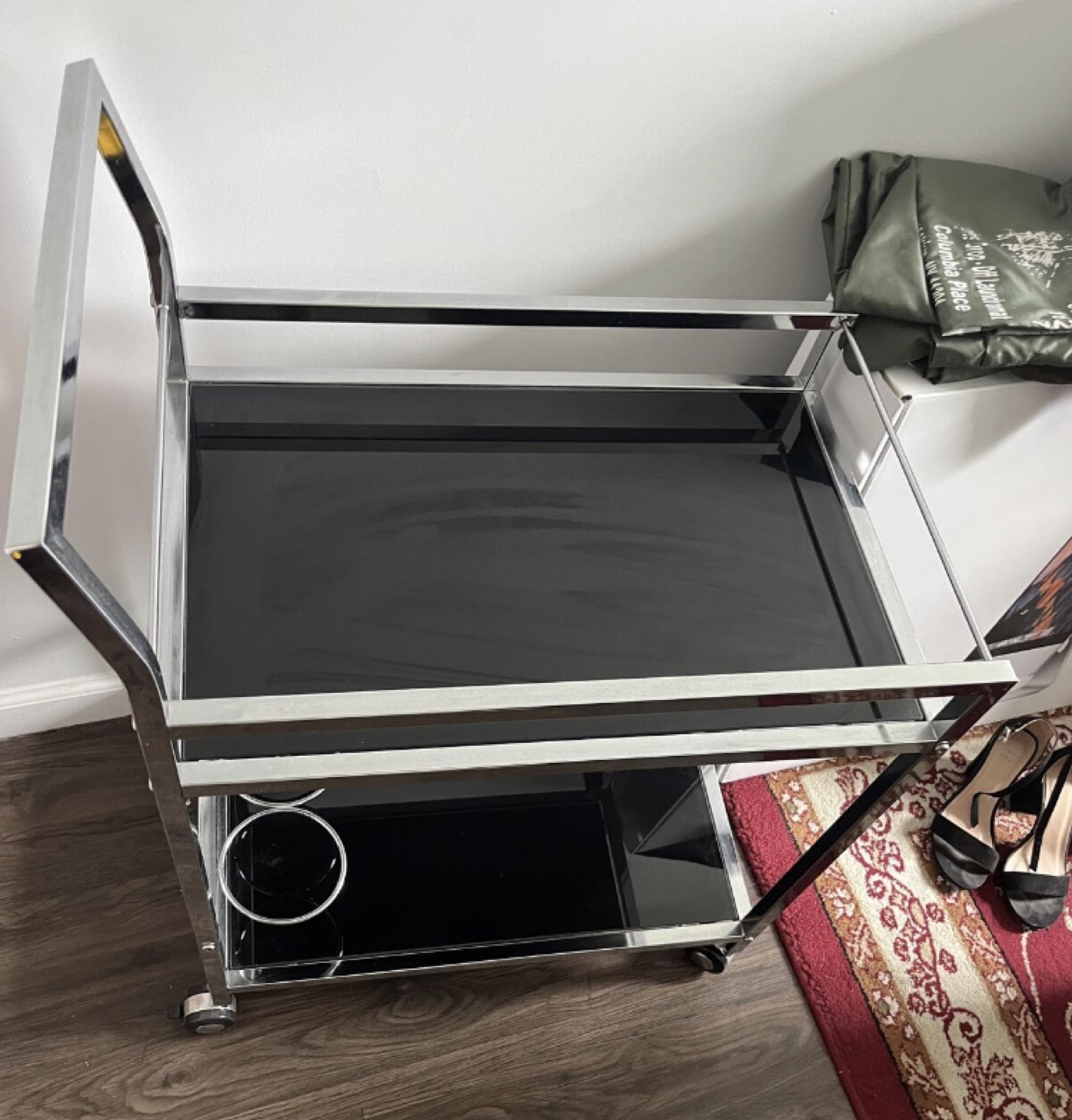 Chrome Bar Cart w/ Black Glass Shelves - photo 2