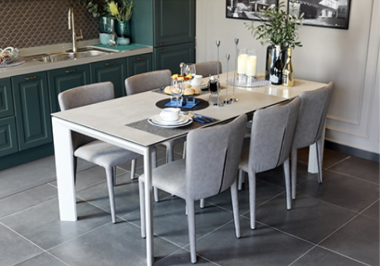 Light Gray Ceramic Dining Table with 4 Leather Chairs - photo 3