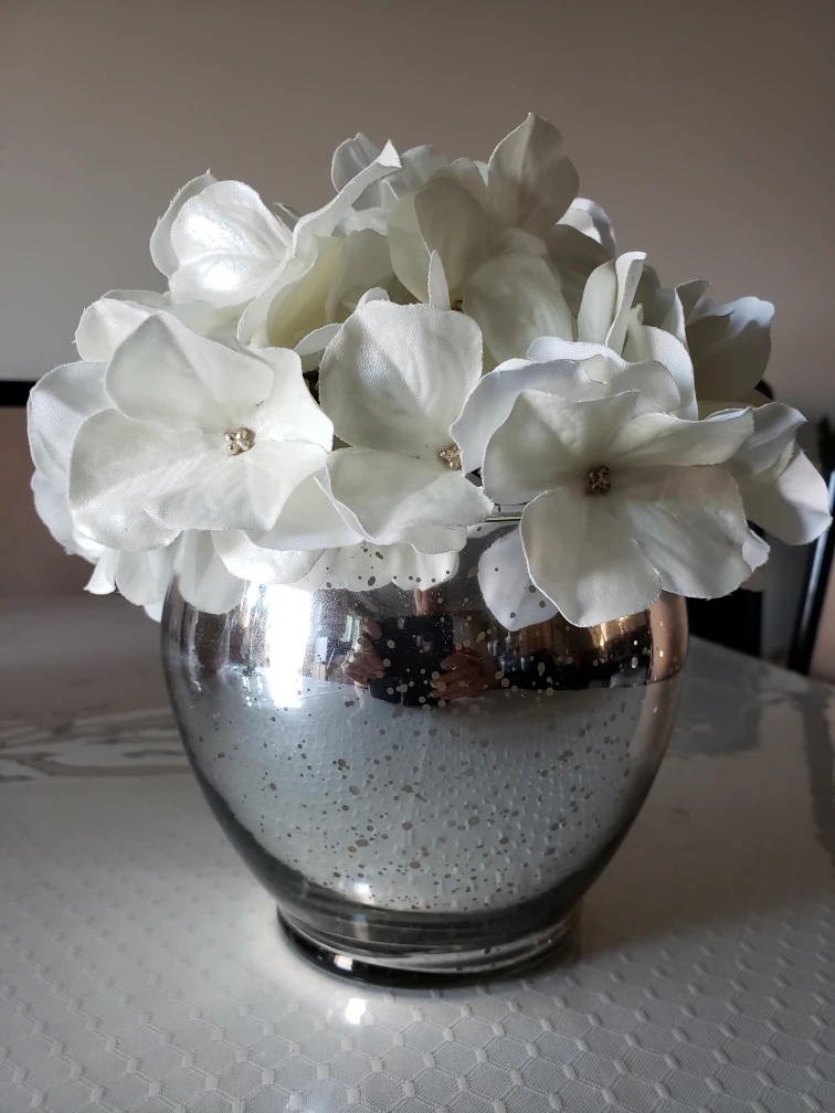 Votive Glass Vase With Silk Off White Flowers, New thumbnail