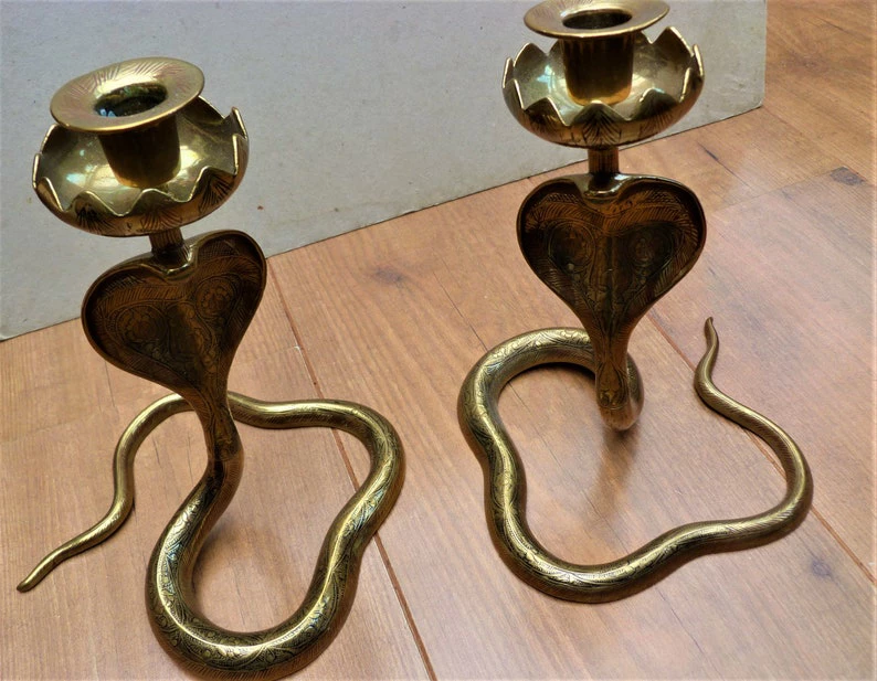 Vintage Brass Cobra Candleholders Snake Shaped thumbnail