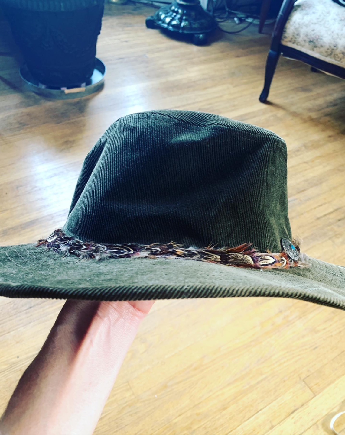 Awesome Vintage Corduroy Hat w/silver, turquoise & feathers image indicator(4)