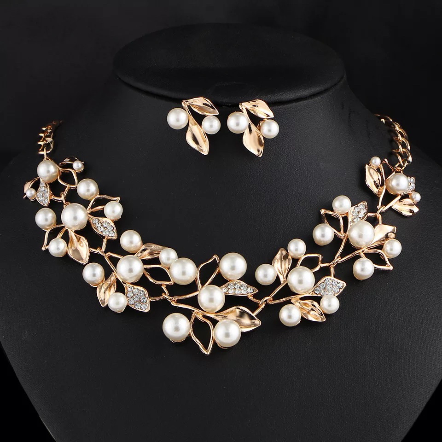 Jewelry Set Artificial Pearl Crystal Leaf Necklace Earring Set - photo 2