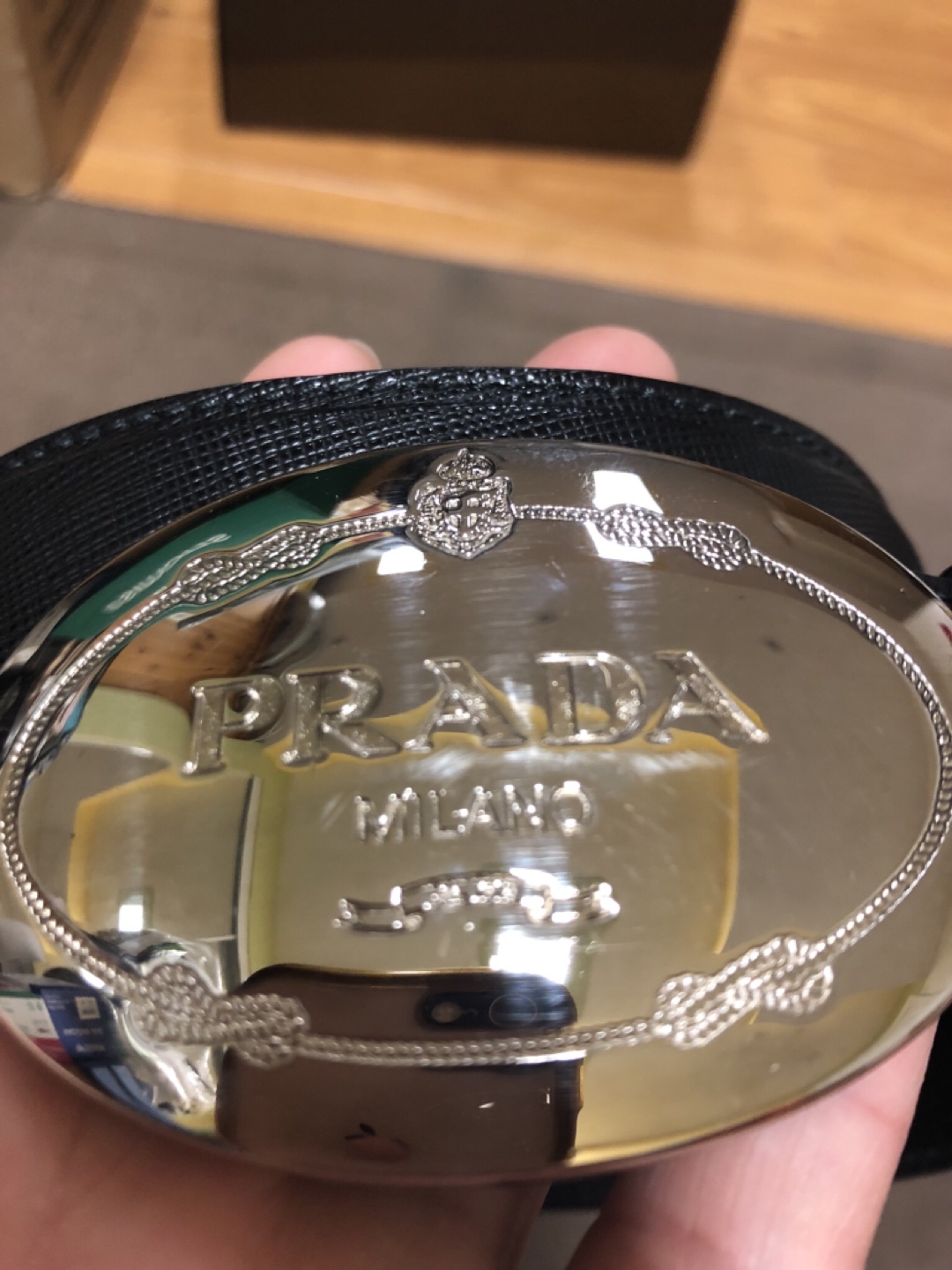 PRADA OVAL LOGO BUCKLE BLACK LEATHER BELT