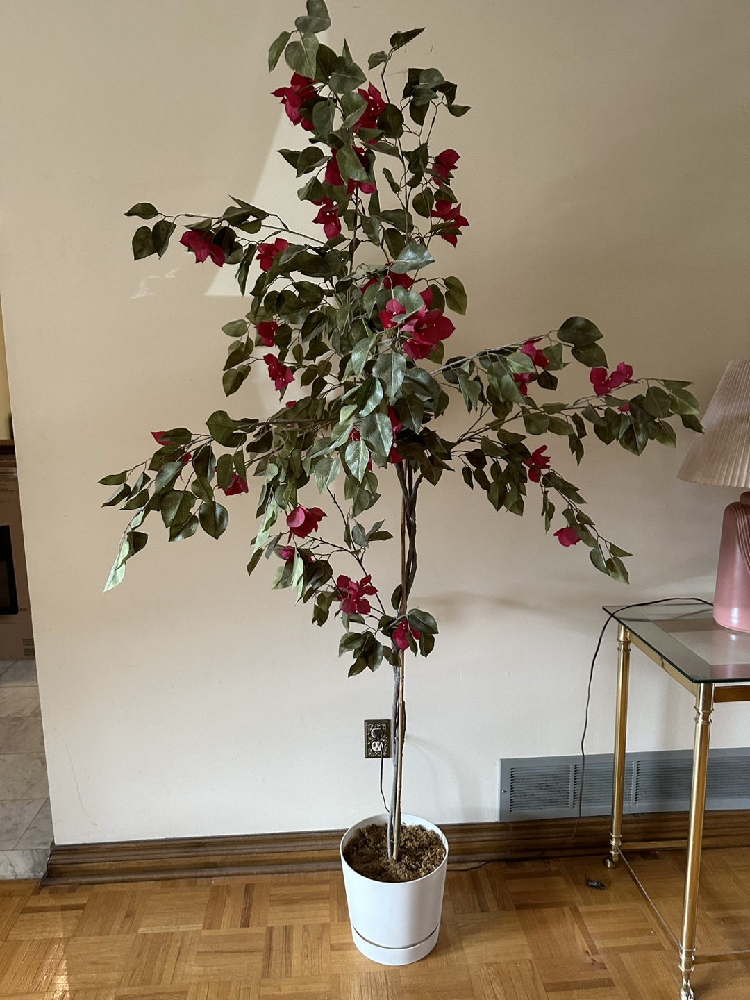 Artificial Red Flowers, Green Leaves 6 Ft Tree in White Pot