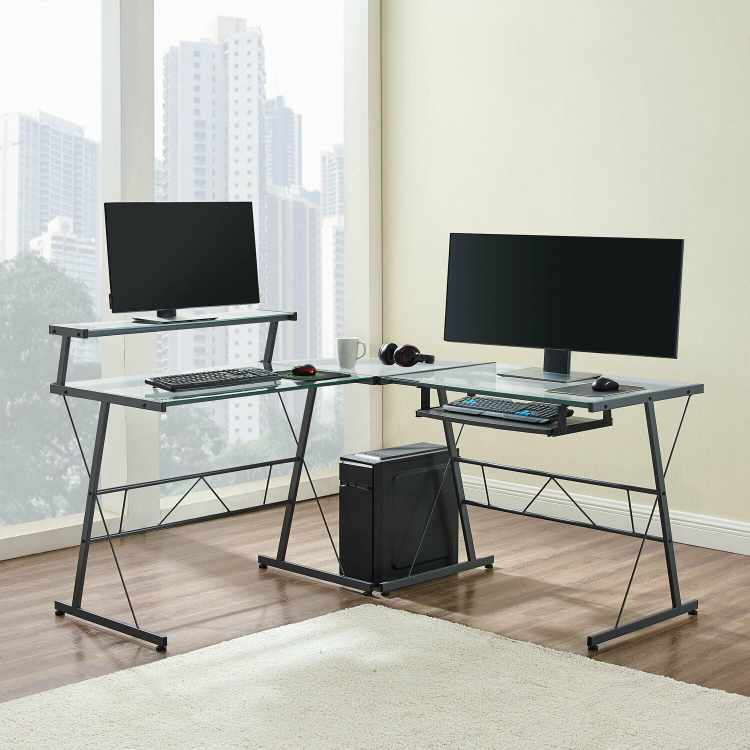 Mila L-Shaped 59"W Desk with Glass Top - Black