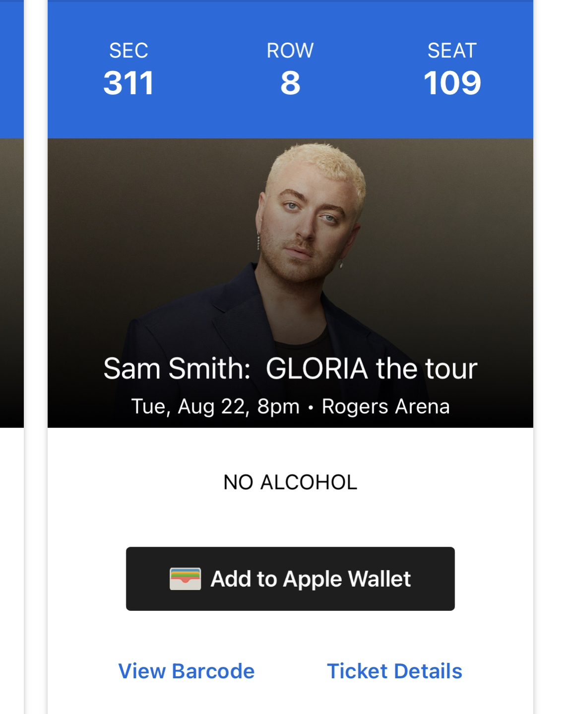 Sam Smith concert ticket Aug 22nd thumbnail