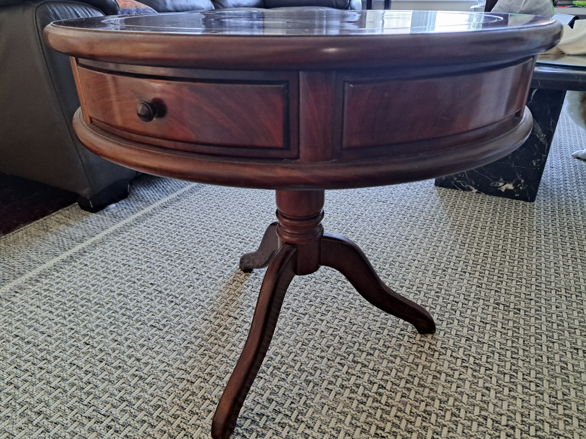 Redwood two drawers round end table with glass top image indicator(2)