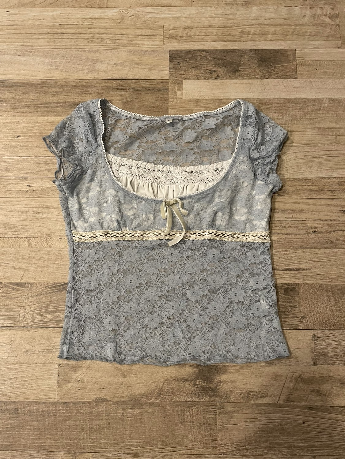 Coquette Short Sleeve Blue Lace Top with Bow thumbnail