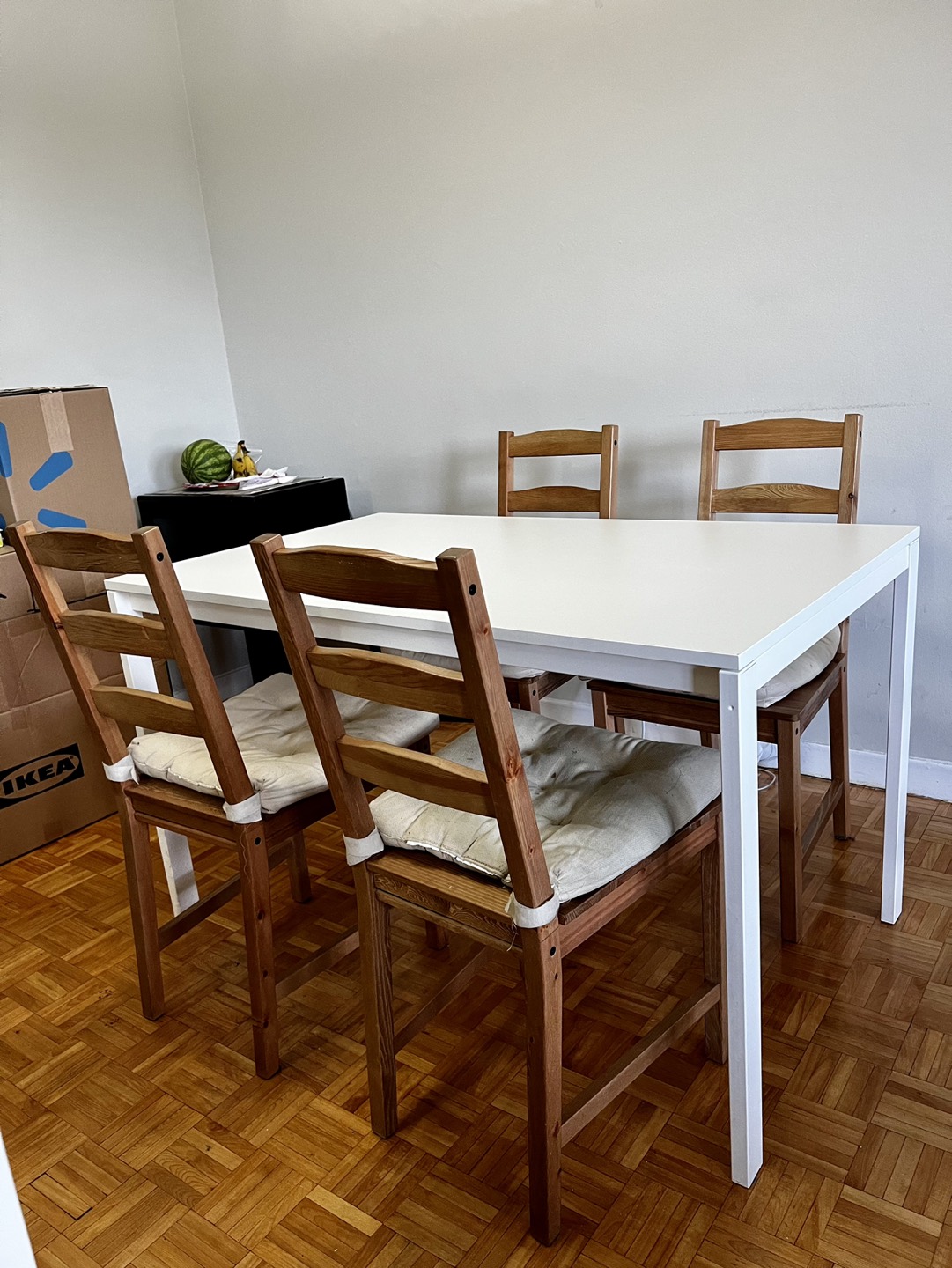 IKEA MELLTORP TABLE (White) + 4 JOKKMOKK CHAIRS (Antique Stain)