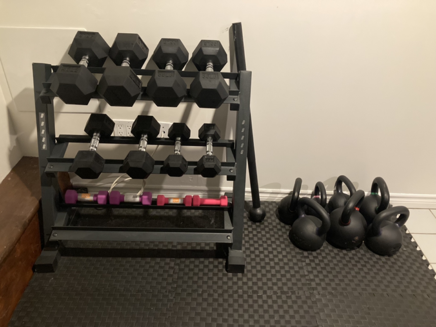 Weights, rack and kettle bells In excellent condition thumbnail