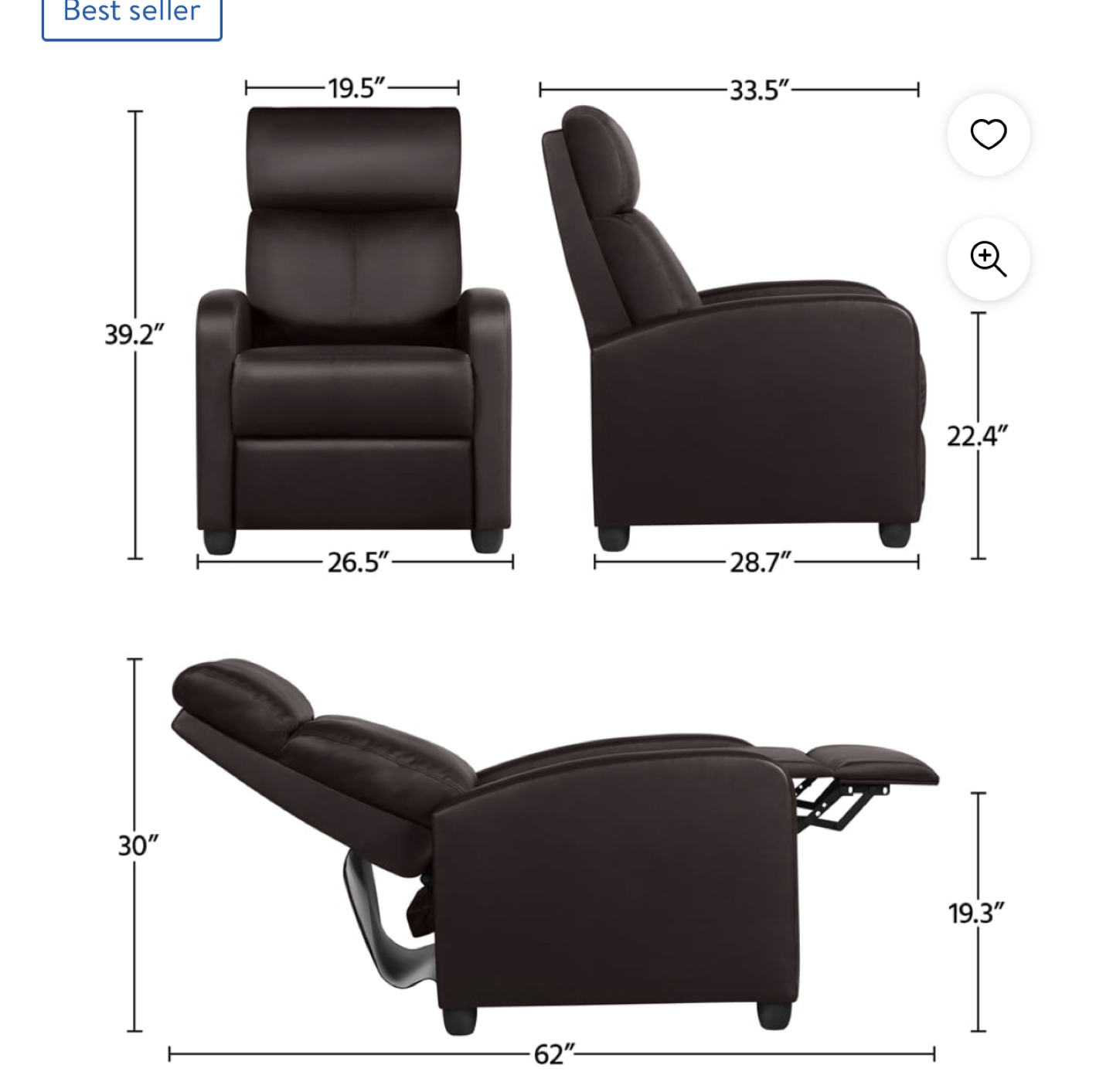 Easyfashion Faux Leather Push Back Theater Recliner, Brown - photo 2