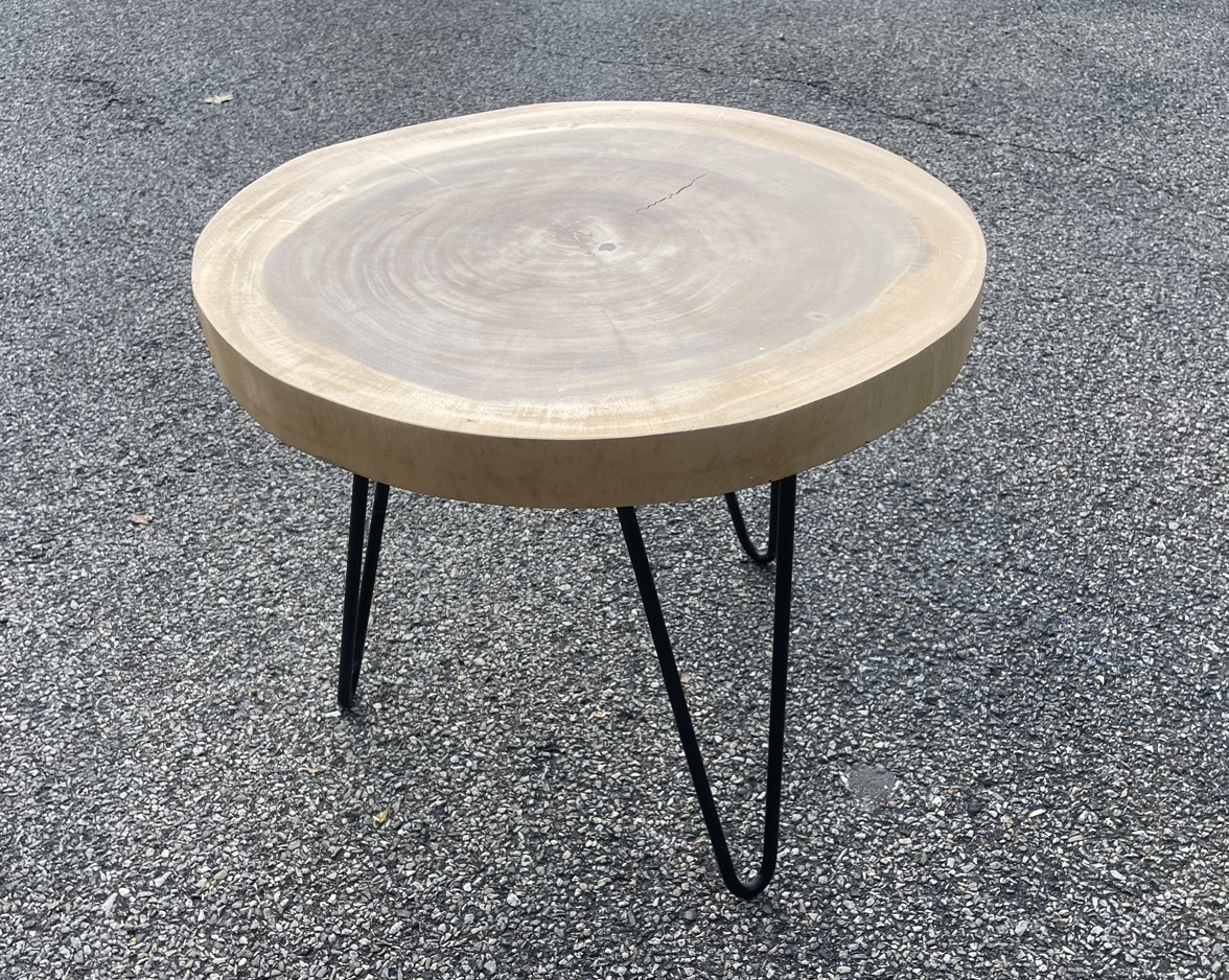 Natural Wood Large Cross Cut Side Table with Iron Hairpin Legs