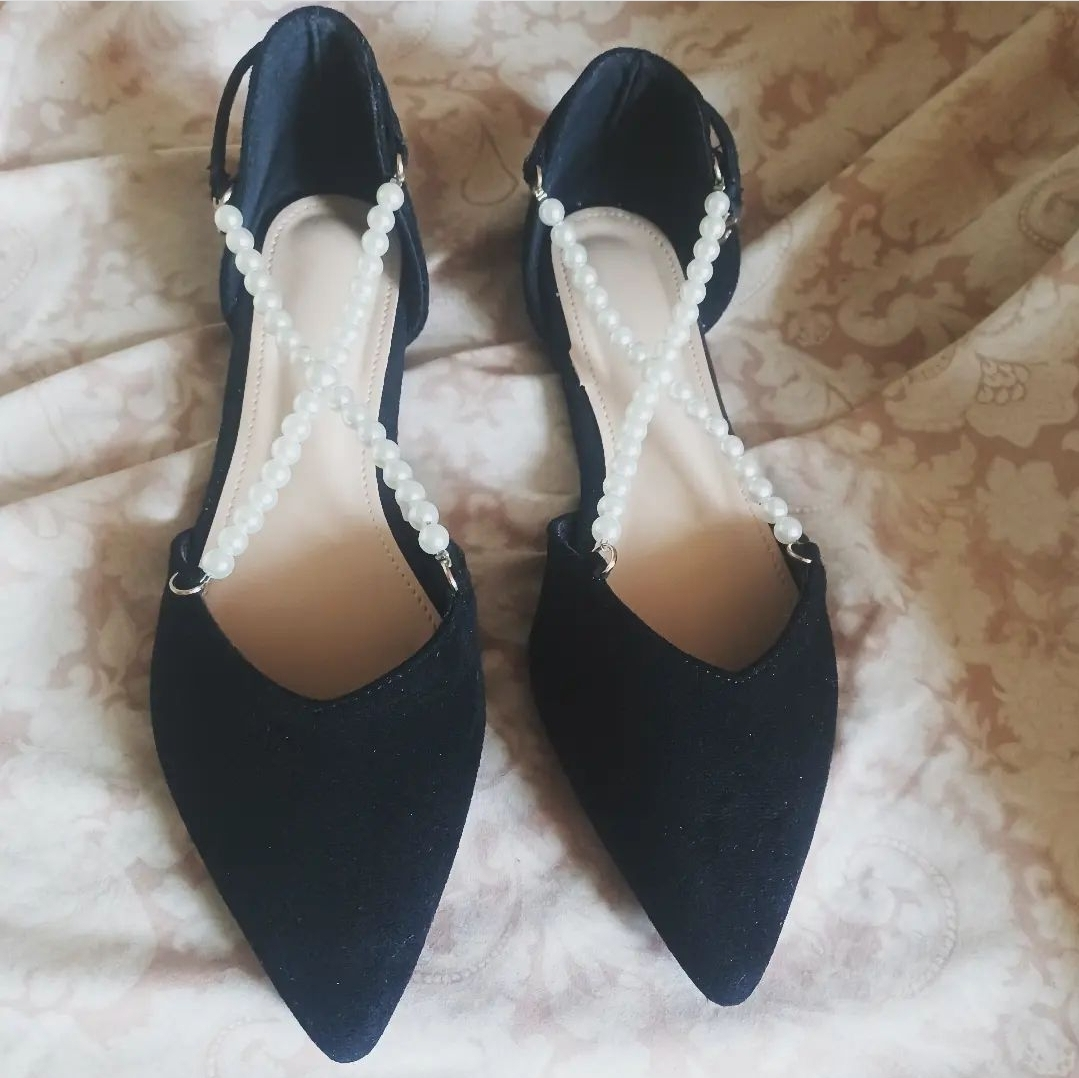 Black Pointed Toe Flats with Pearls thumbnail
