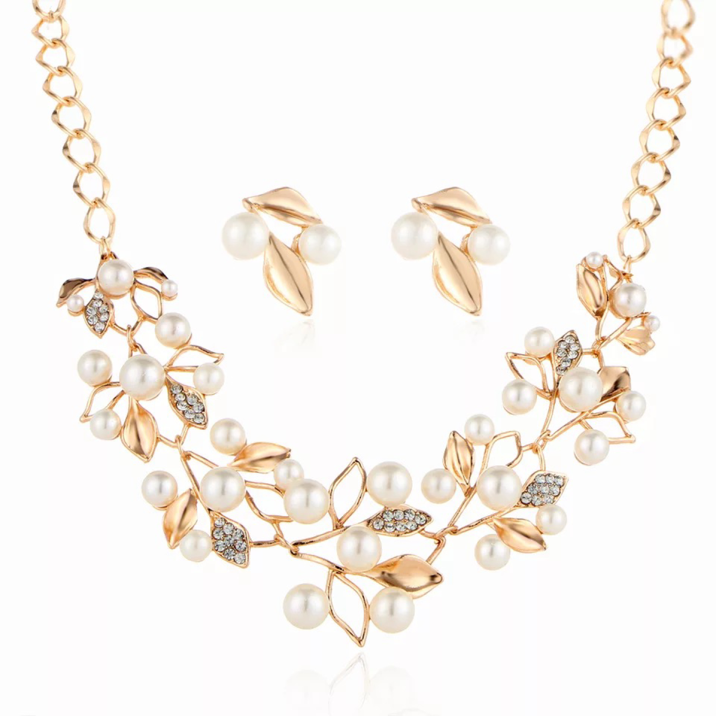 Jewelry Set Artificial Pearl Crystal Leaf Necklace Earring Set - photo 5