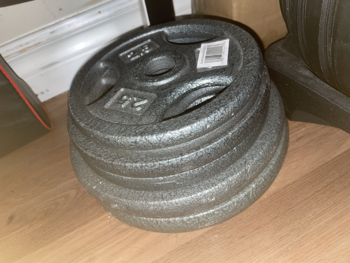 Go Zone weight plates and curl barbell