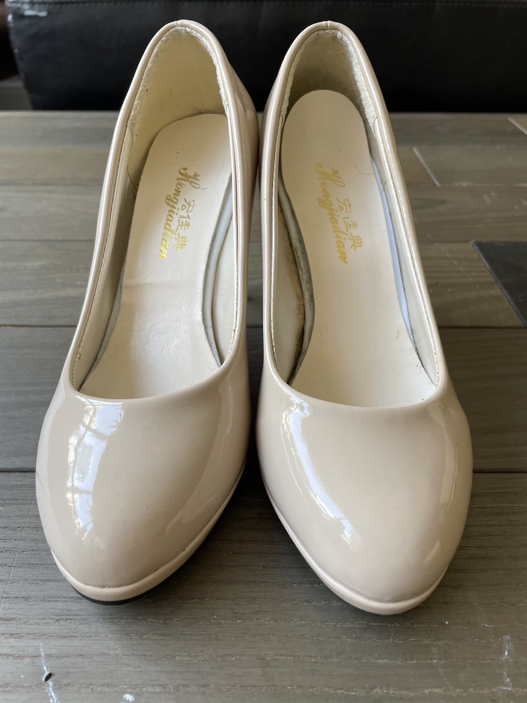 #freecycle nude shiny faux leather heels size 5 image indicator(3)