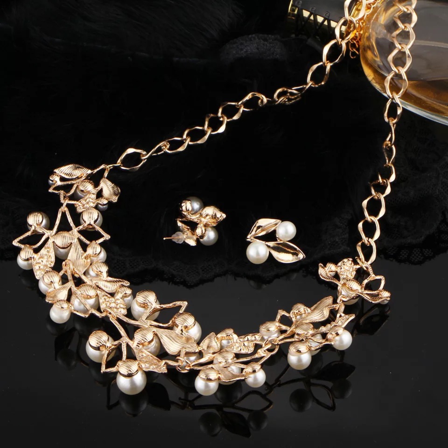 Jewelry Set Artificial Pearl Crystal Leaf Necklace Earring Set - photo 4