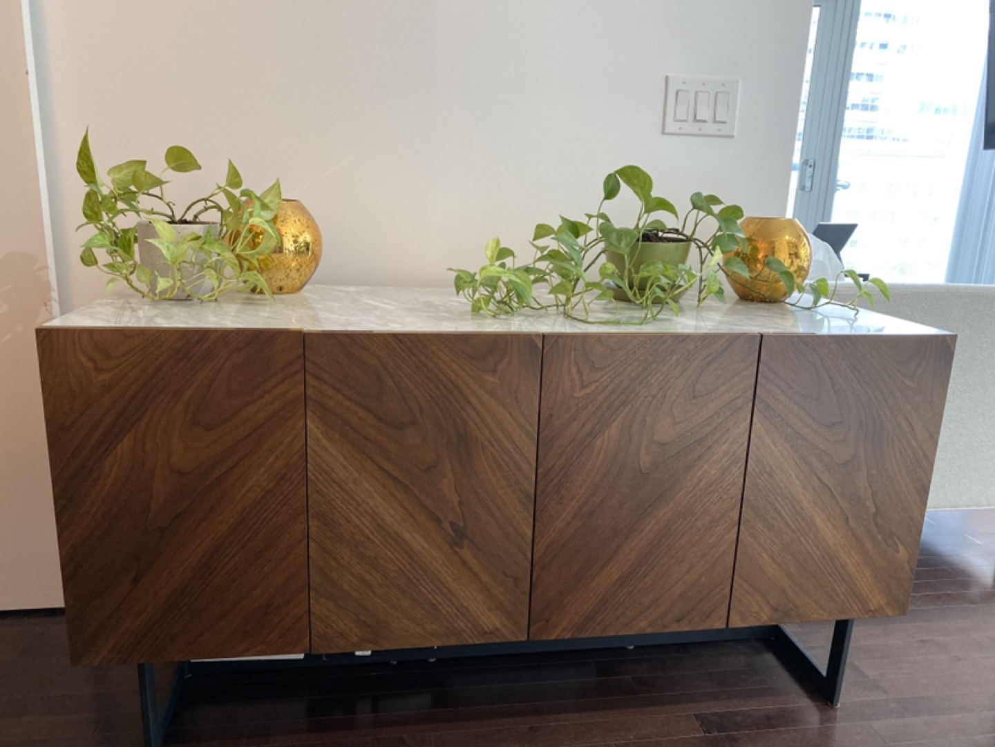 CB2 marble/walnut wood media console