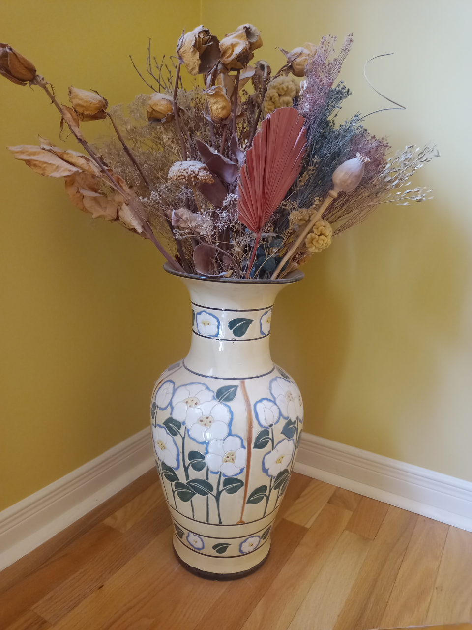 Large Clay Vase with Dried Flowers